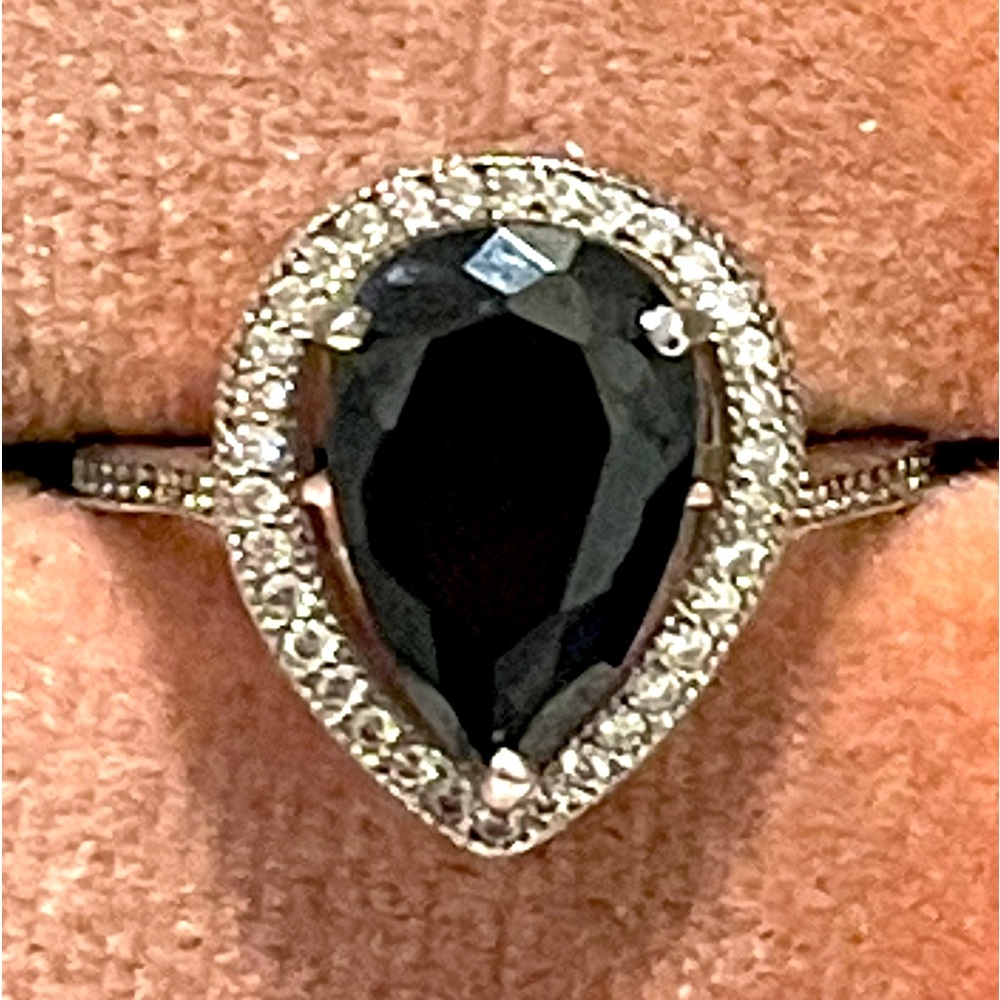 All Around Boutique AAB 925 Genuine Black Onyx Pear Halo Sz6 NWOT